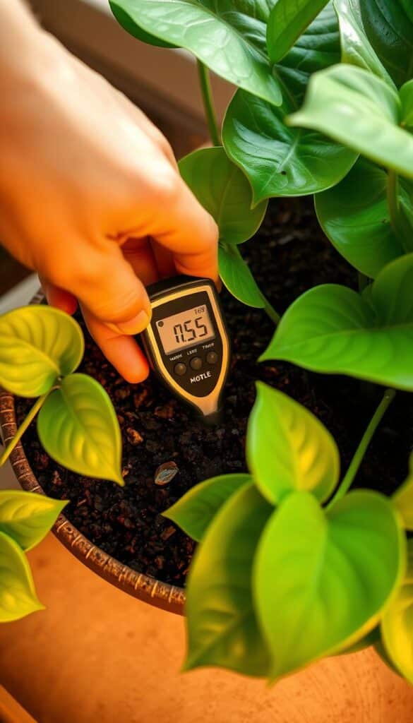 Checking soil moisture for plant care