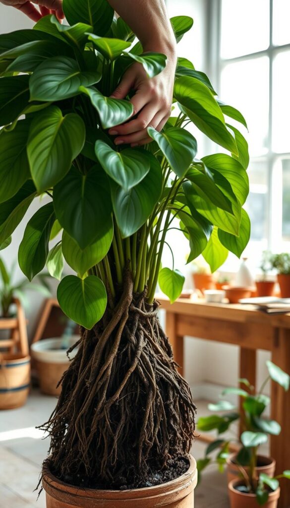 Repotting a philodendron plant