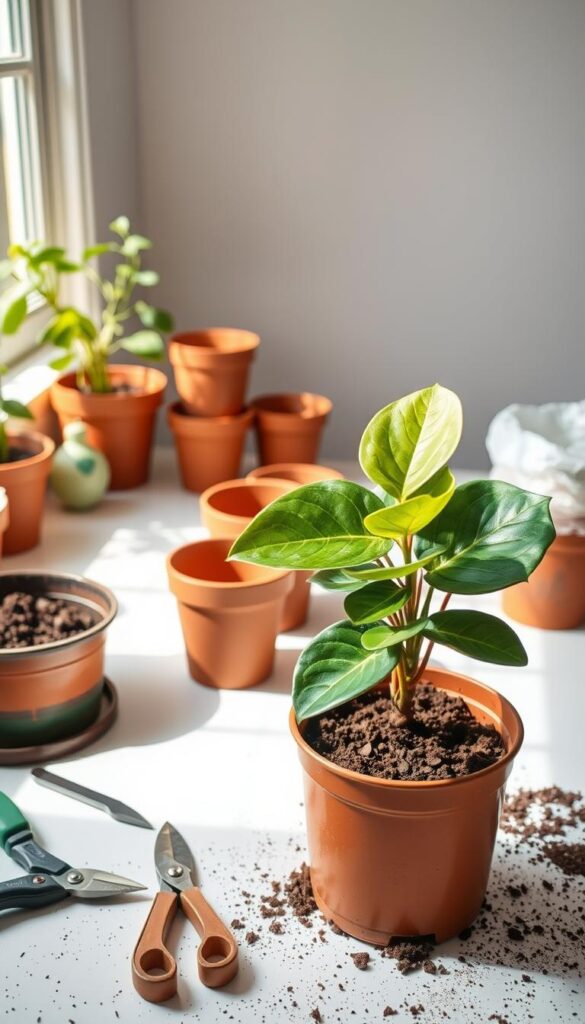 Repotting setup for healthy growth